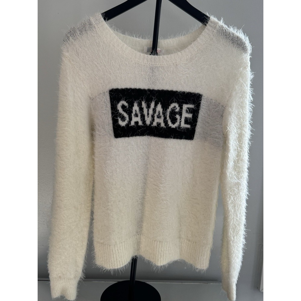MAO Fuzzy "SAVAGE"‎ Statement Sweater Sz S Cream Black Cozy Graphic Y2K